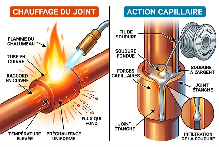 Infographie illustrant la soudure par capillarité sur cuivre