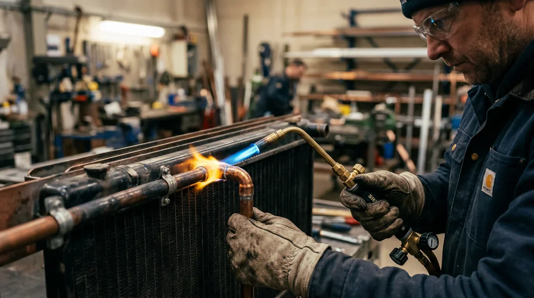Soudure de précision sur cuivre par un professionnel Plombier utilisant un chalumeau pour souder un raccord en cuivre de radiateur