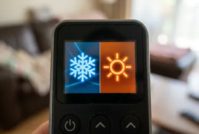 Gros plan sur les symboles flocon et soleil d'une télécommande de climatiseur