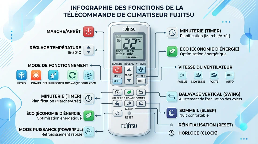 Explication des symboles télécommande Fujitsu Infographie explicative des symboles et fonctionnalités de la télécommande Fujitsu