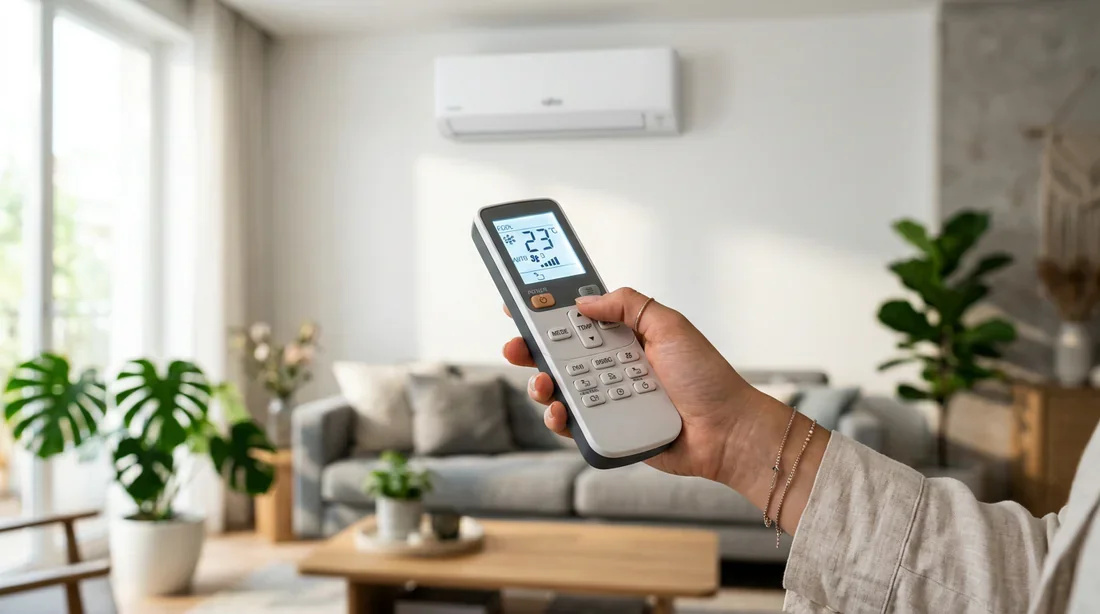 Télécommande de climatisation Fujitsu en main Main tenant une télécommande de climatisation Fujitsu avec écran LCD allumé pointée vers l'unité intérieure