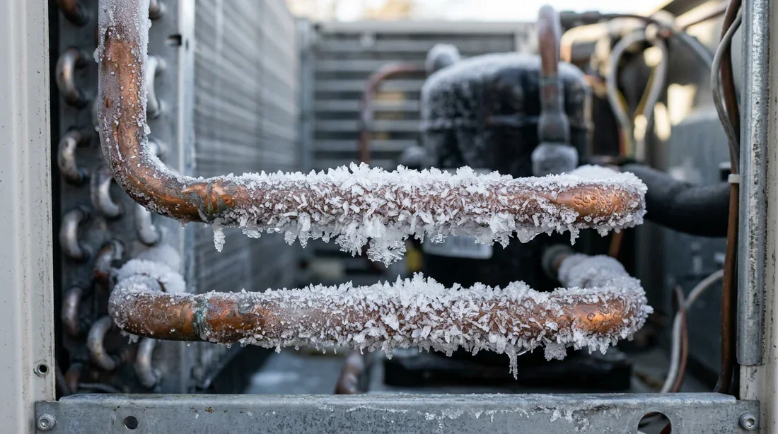 Accumulation de givre sur les tuyaux en cuivre d'une pompe à chaleur