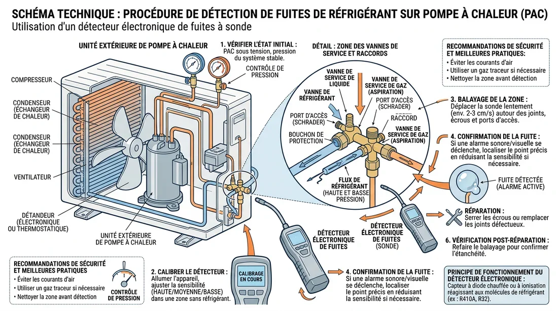 Schéma technique de détection de fuite de fluide frigorigène