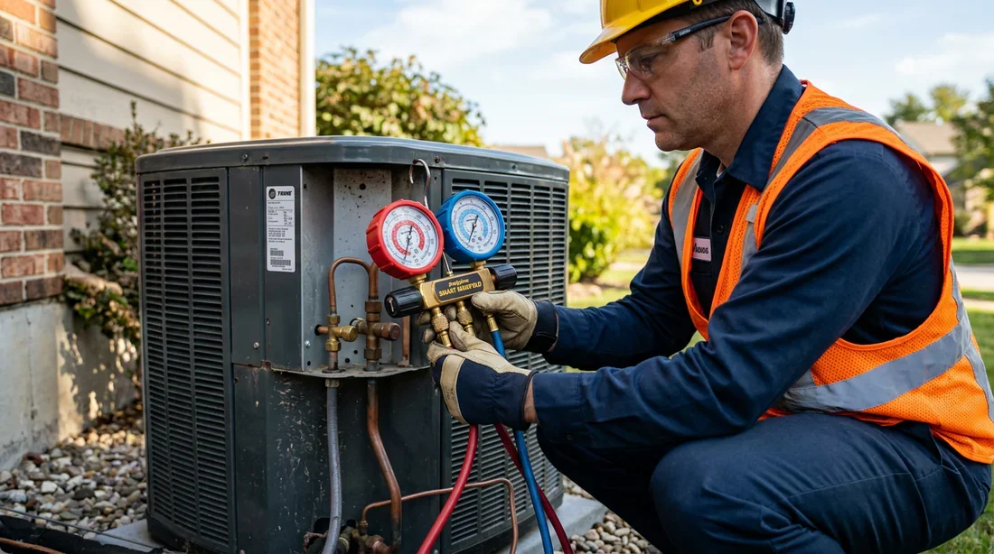 Technicien frigoriste qualifié mesurant la pression du gaz sur l'unité extérieure d'une pompe à chaleur