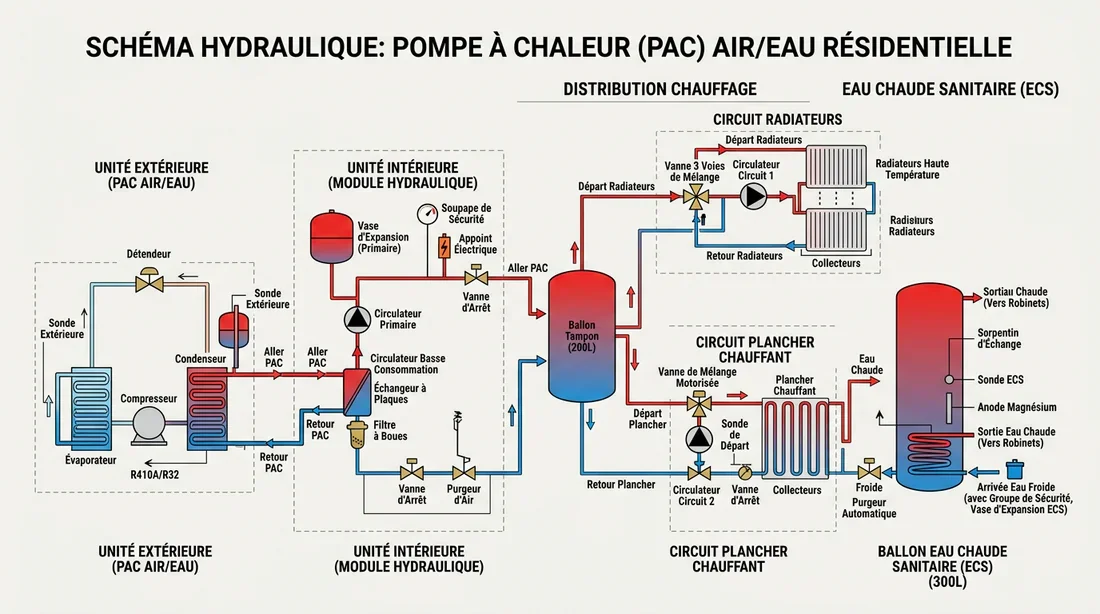 Schéma de fonctionnement du circuit hydraulique avec vanne 3 voies