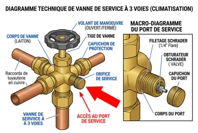 Schéma explicatif d'une vanne 3 voies en laiton avec flèche de repérage de la prise de service