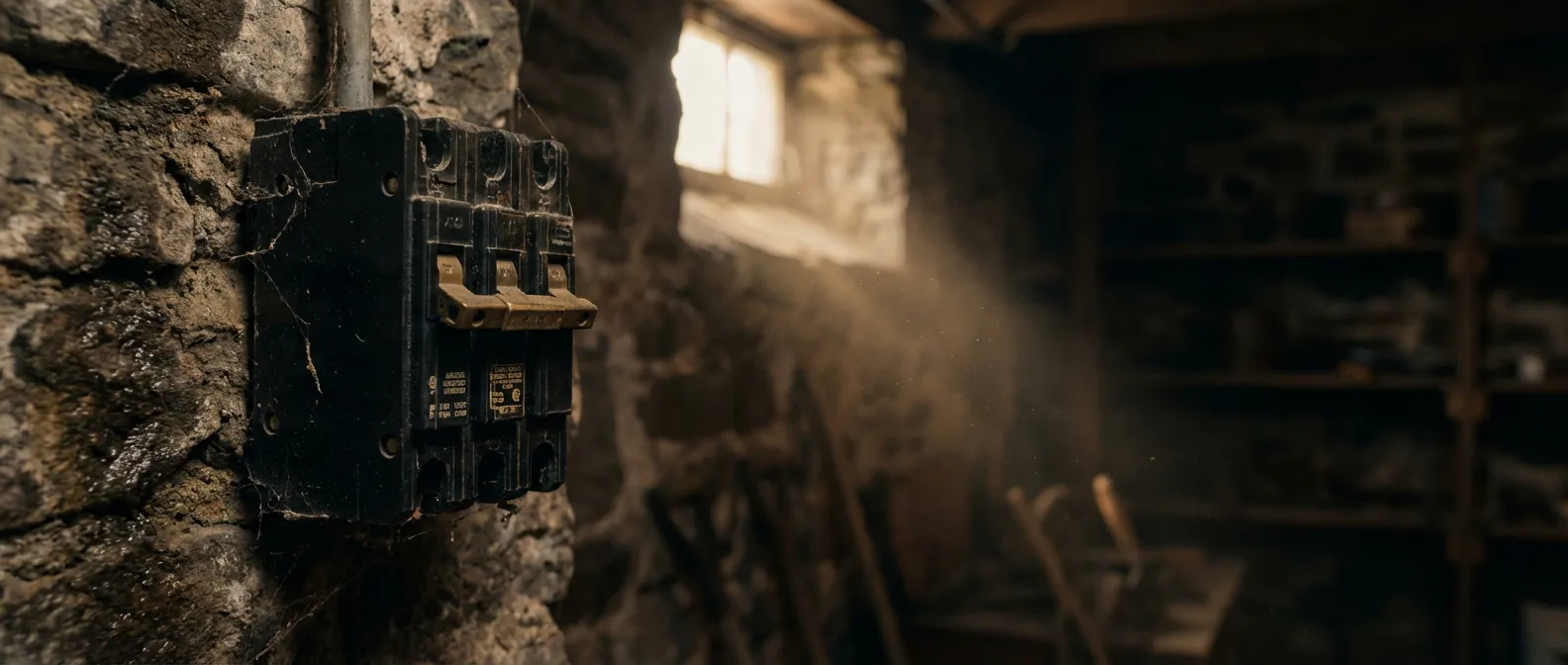 L'esthétique d'un vieux disjoncteur EDF noir d'époque Ancien disjoncteur EDF noir vintage installé sur un mur en pierre avec un éclairage cinématographique