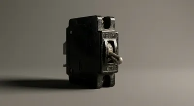 Gros plan iconique d'un disjoncteur EDF noir classique sur fond neutre et contrasté