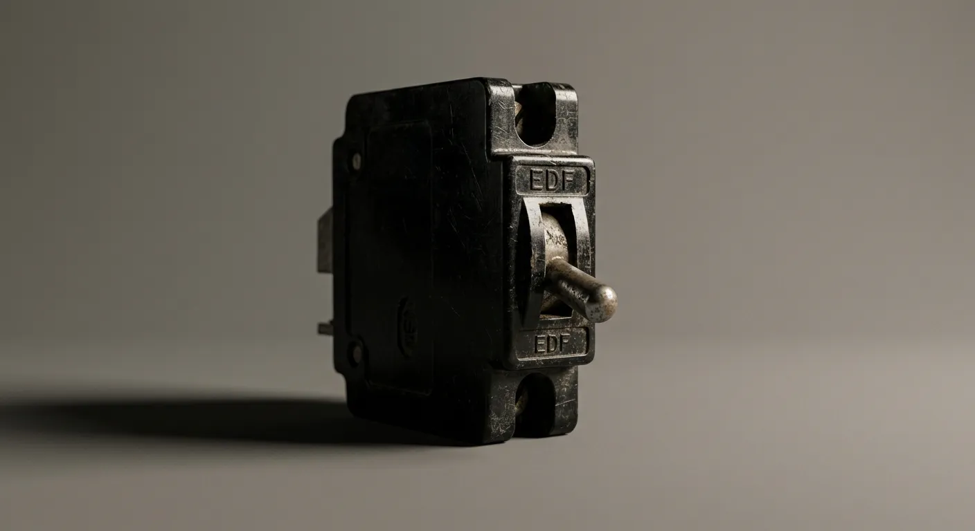 Gros plan iconique d'un disjoncteur EDF noir classique sur fond neutre et contrasté