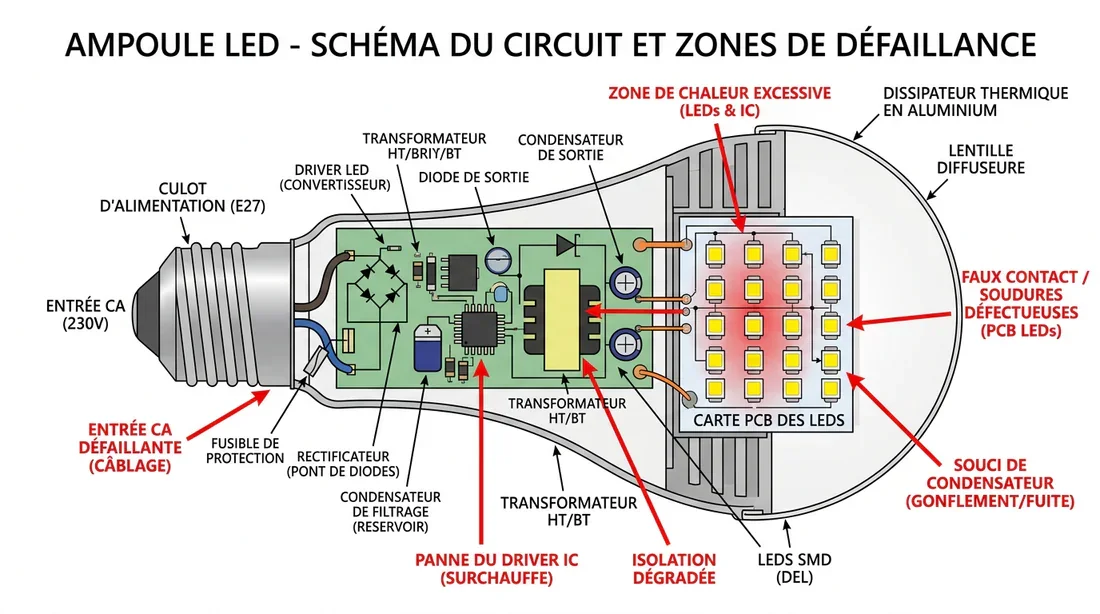 Schéma technique d'une ampoule LED montrant les composants défectueux