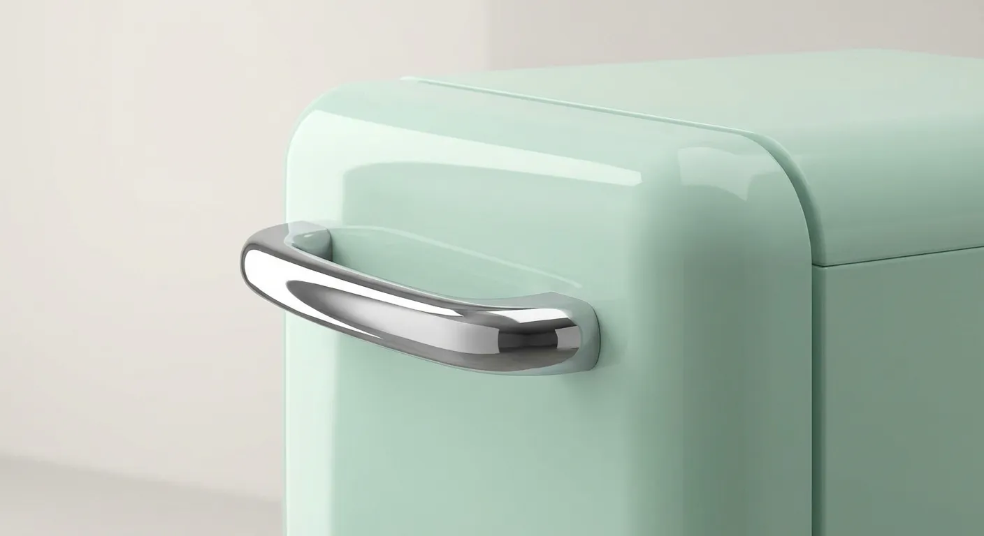 Détail de la poignée chromée d'un lave-vaisselle Smeg rétro