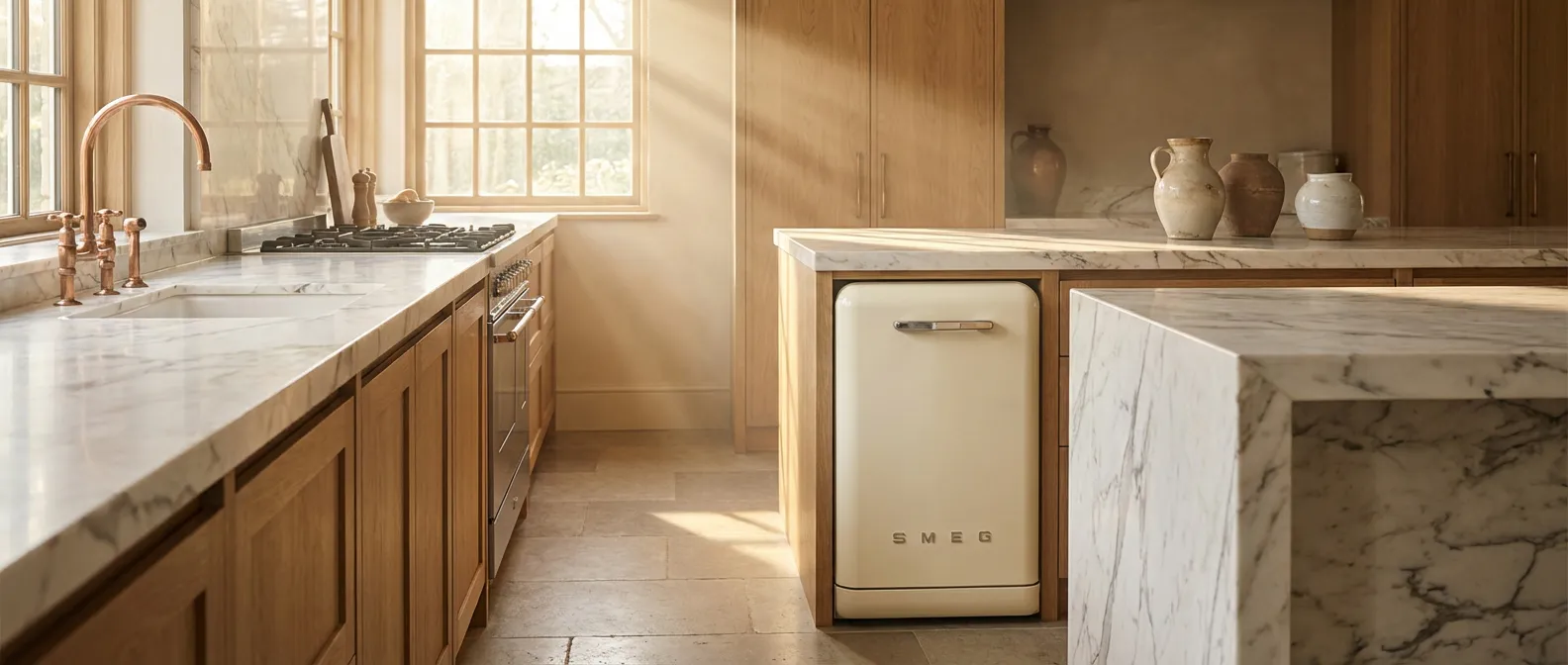 Lave-vaisselle Smeg au design rétro dans une cuisine de luxe lumineuse