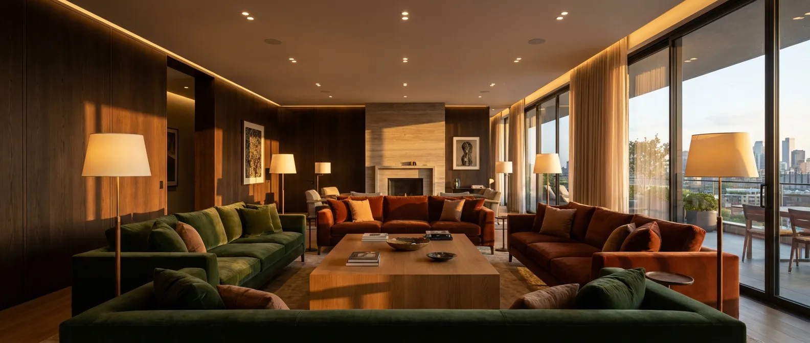 Optimisation de l'éclairage pour un salon cosy et luxueux Éclairage chaleureux et sophistiqué dans un salon moderne haut de gamme