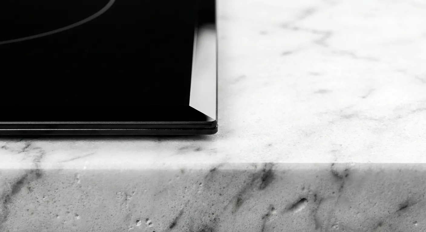 Gros plan sur l'épaisseur et la finition d'une plaque induction sur un plan de travail en marbre.