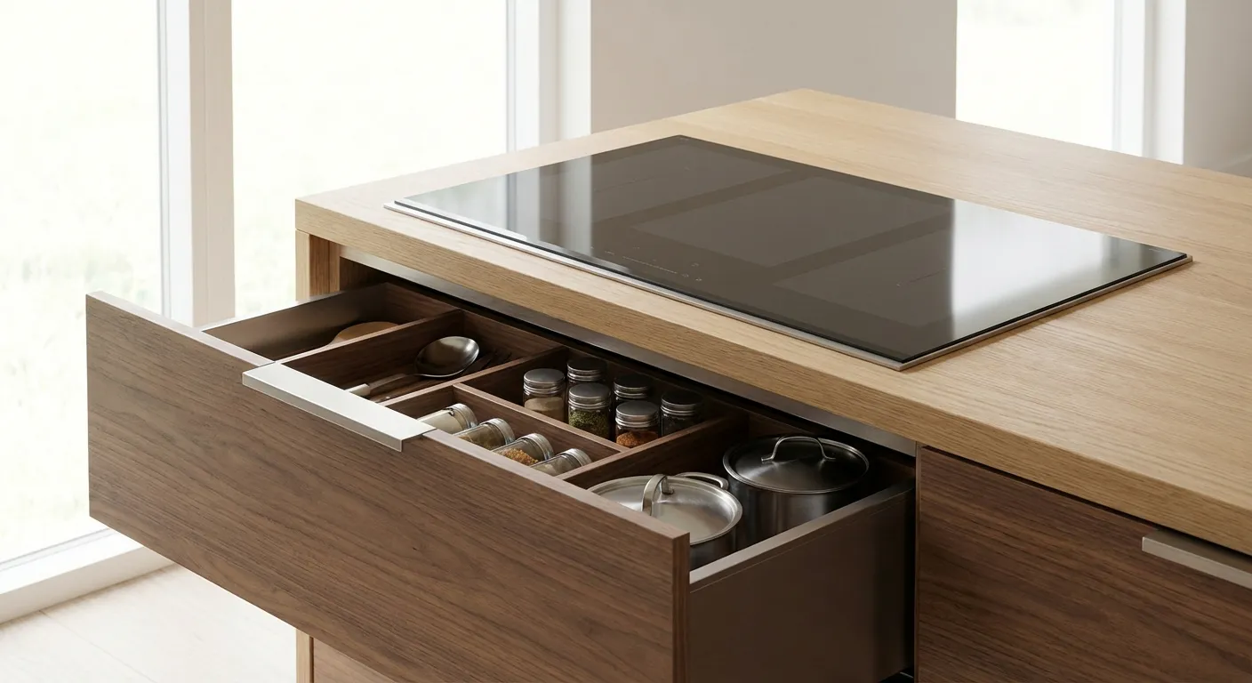Optimisation de l'espace sous le plan de travail avec une plaque fine Installation optimisée d'une plaque induction fine au-dessus d'un tiroir de rangement en bois.
