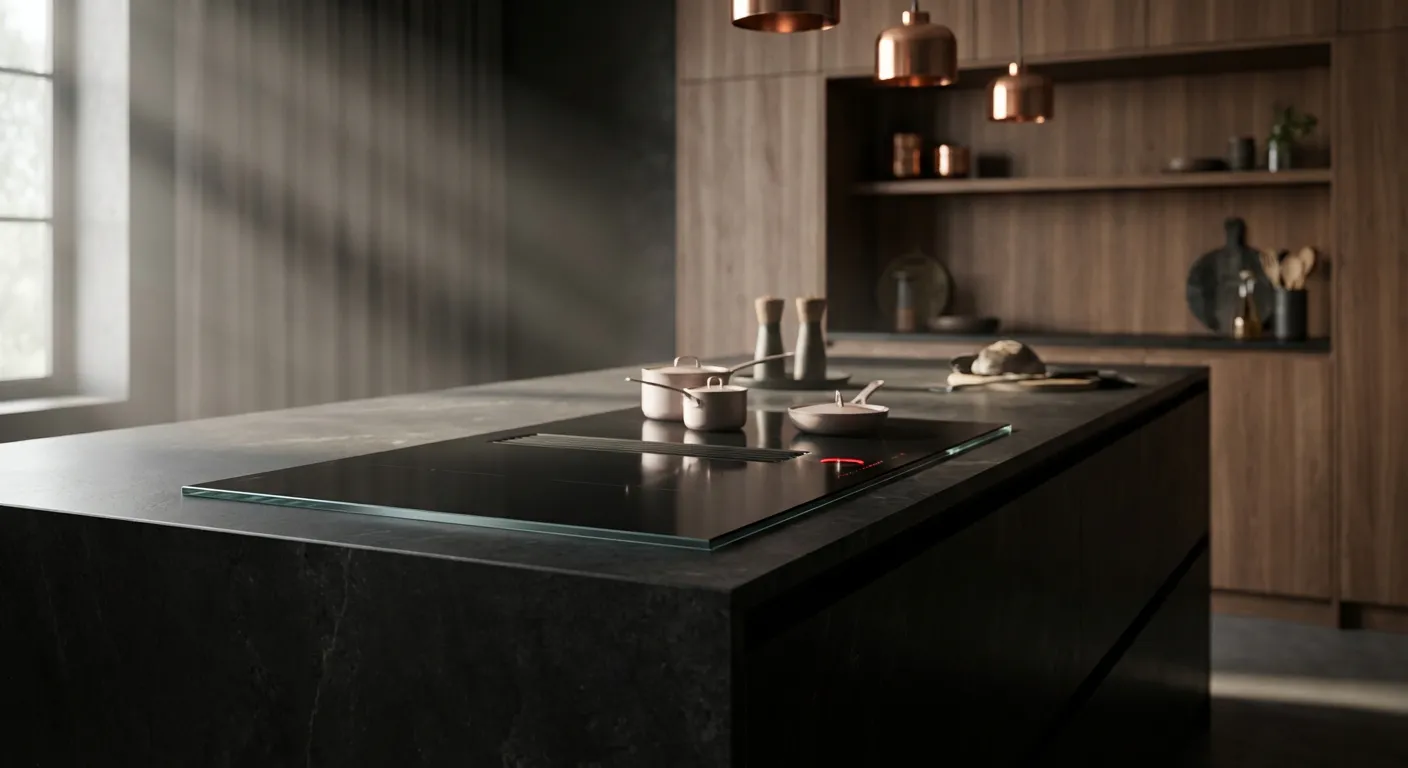 Design minimaliste et épaisseur réduite d'une plaque à induction moderne Vue latérale cinématique d'une plaque induction ultra fine intégrée dans un plan de travail en pierre noire de luxe.