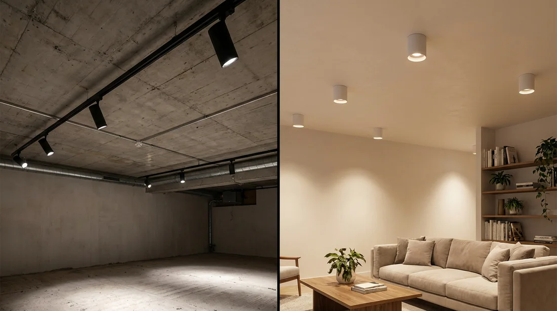 Comparaison entre éclairage sur rail sur plafond béton et spots blancs en saillie dans un salon moderne