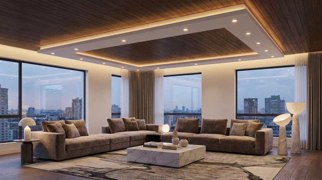 Installation d'une corniche périphérique avec spots intégrés autour d'un plafond central haut