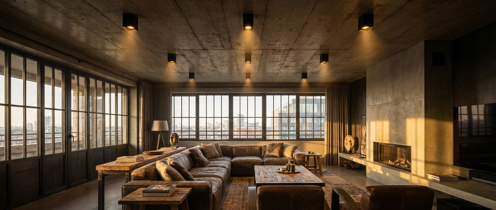 Salon luxueux avec éclairage par spots LED installés en saillie sur un plafond en béton brut.