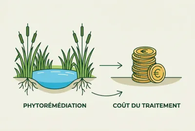 Infographie minimale d'un bassin à roseaux et pièces d'euros pour le prix de la phytoépuration