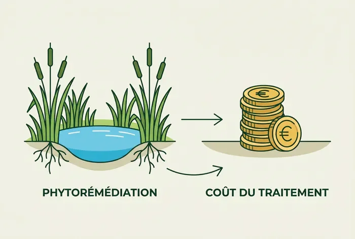 Prix d'une Phytoépuration en 2026 : Tarifs & Aides - Phytoépuration : Combien ça Coûte Vraiment ? (Guide 2026) - Quel est le Prix d'une Phytoépuration ? Tarifs Réels Infographie minimale d'un bassin à roseaux et pièces d'euros pour le prix de la phytoépuration