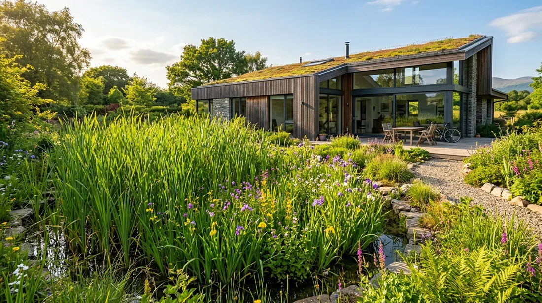 Maison écologique et bassin de phytoépuration Maison écologique moderne avec système de phytoépuration fleuri dans le jardin