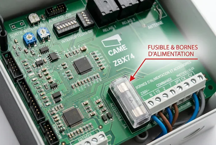 Carte électronique CAME ZBX74 avec repérage des fusibles