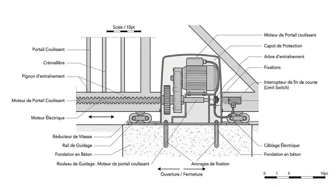Schéma technique d'installation d'un moteur de portail coulissant