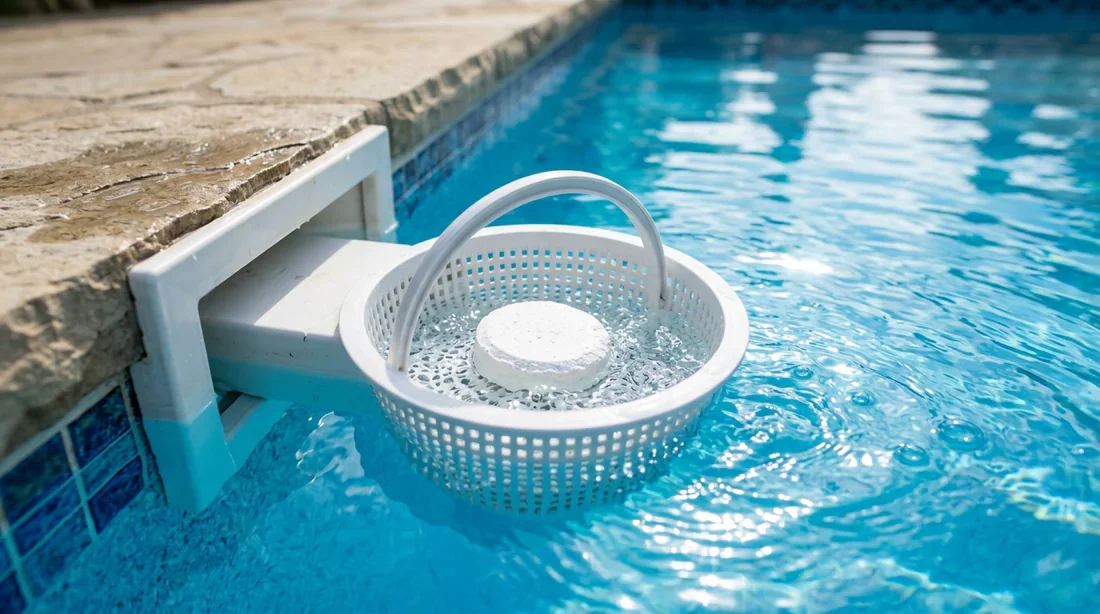 Galet de chlore lent placé dans le panier de skimmer d'une piscine en fonctionnement