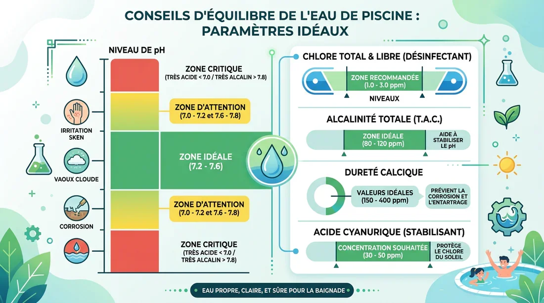 Infographie explicative des taux de chlore et de pH recommandés pour une piscine