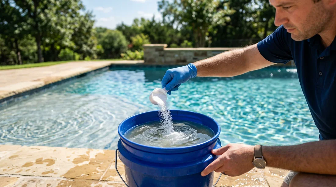 Préparation et dissolution des granulés de chlore dans un seau d'eau avant injection dans le bassin