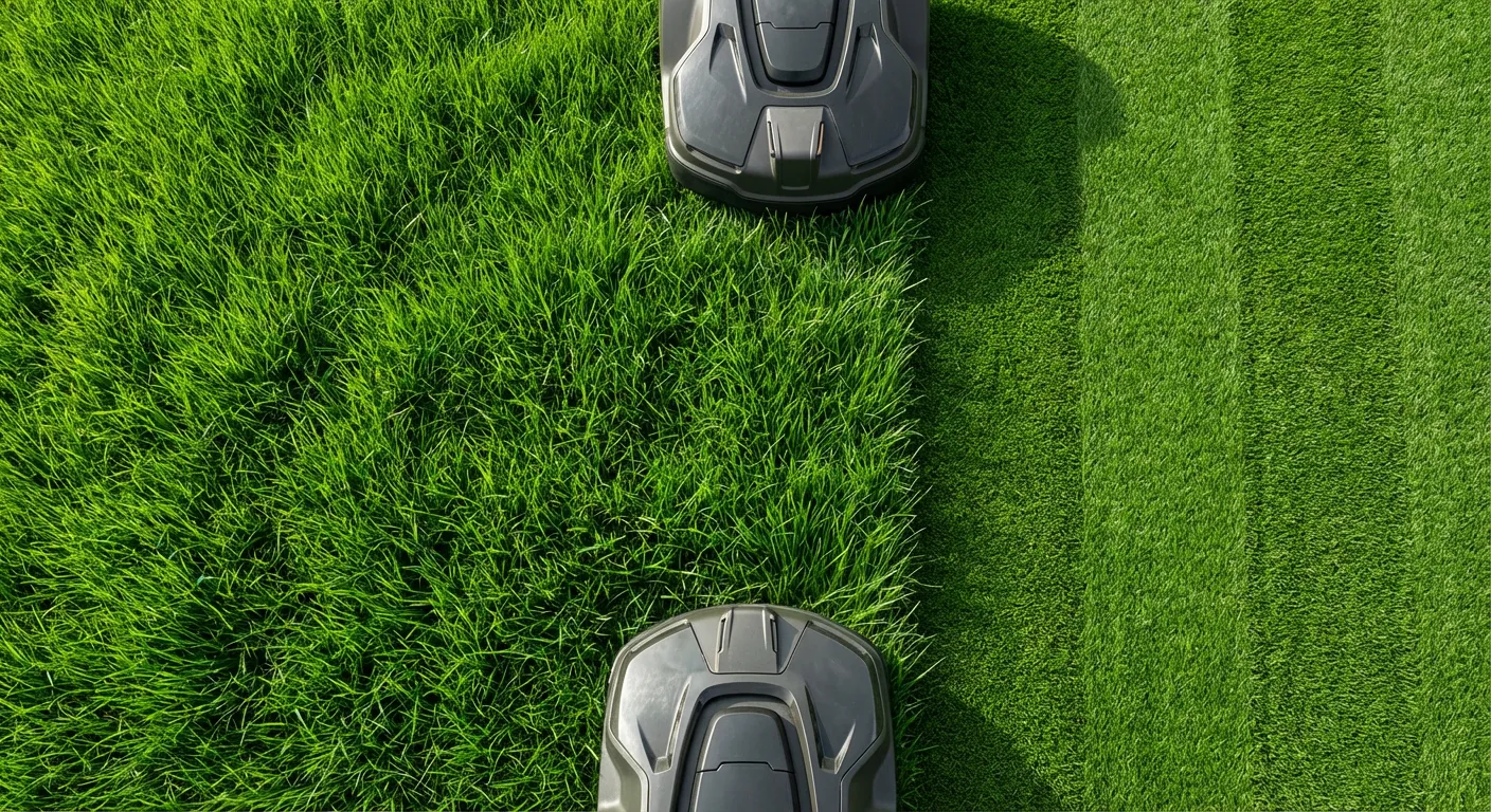 Temps pour tondre 1000m2 : estimations et conseils Détail d'une ligne de tonte nette sur un gazon verdoyant