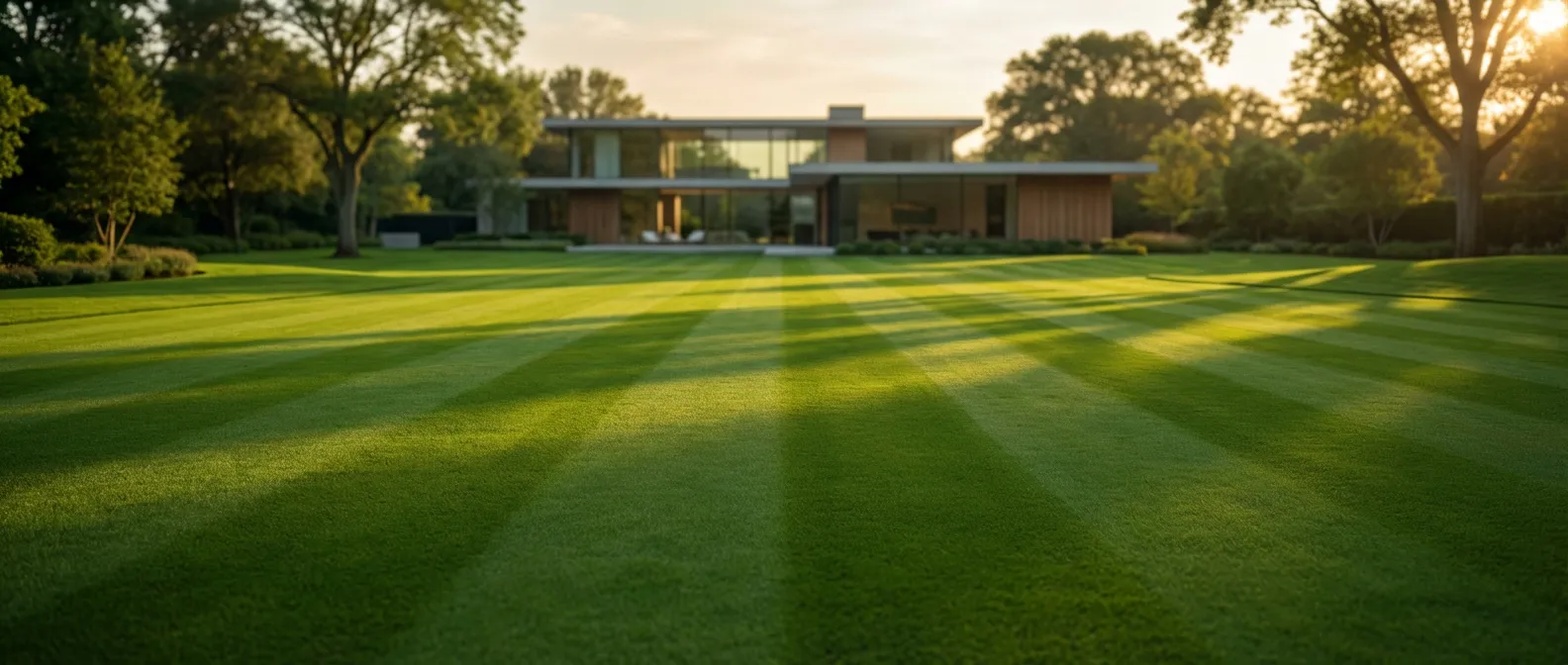 Vue panoramique d'une pelouse de 1000m2 parfaitement entretenue lors du coucher du soleil