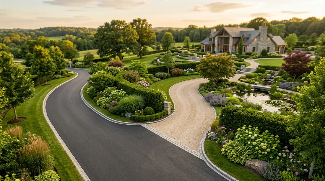 Paysage moderne avec finitions enrobées Vue aérienne d'une allée de jardin élégante utilisant des enrobés de différentes granulométries