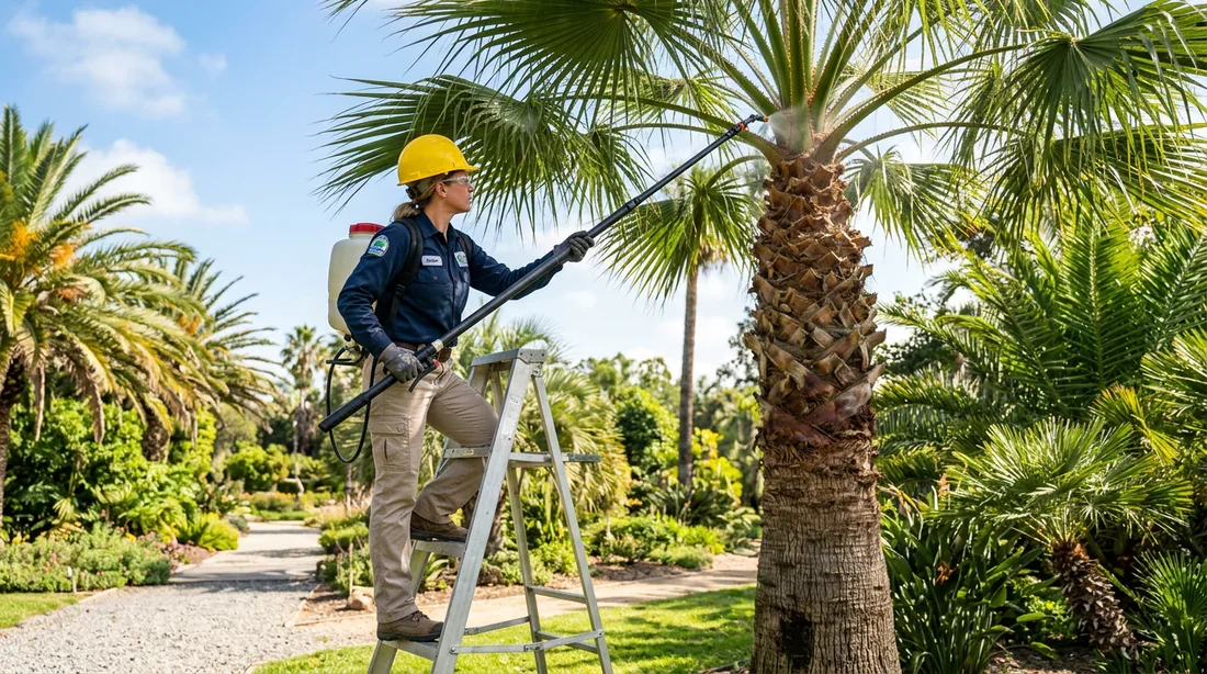 Traitement du palmier contre les nuisibles Application du traitement insecticide sur la couronne du palmier