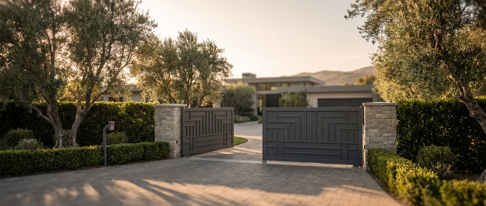 Problème FAAC E024S : Guide de dépannage complet Entrée de propriété luxueuse avec un portail automatique moderne en fin de journée.