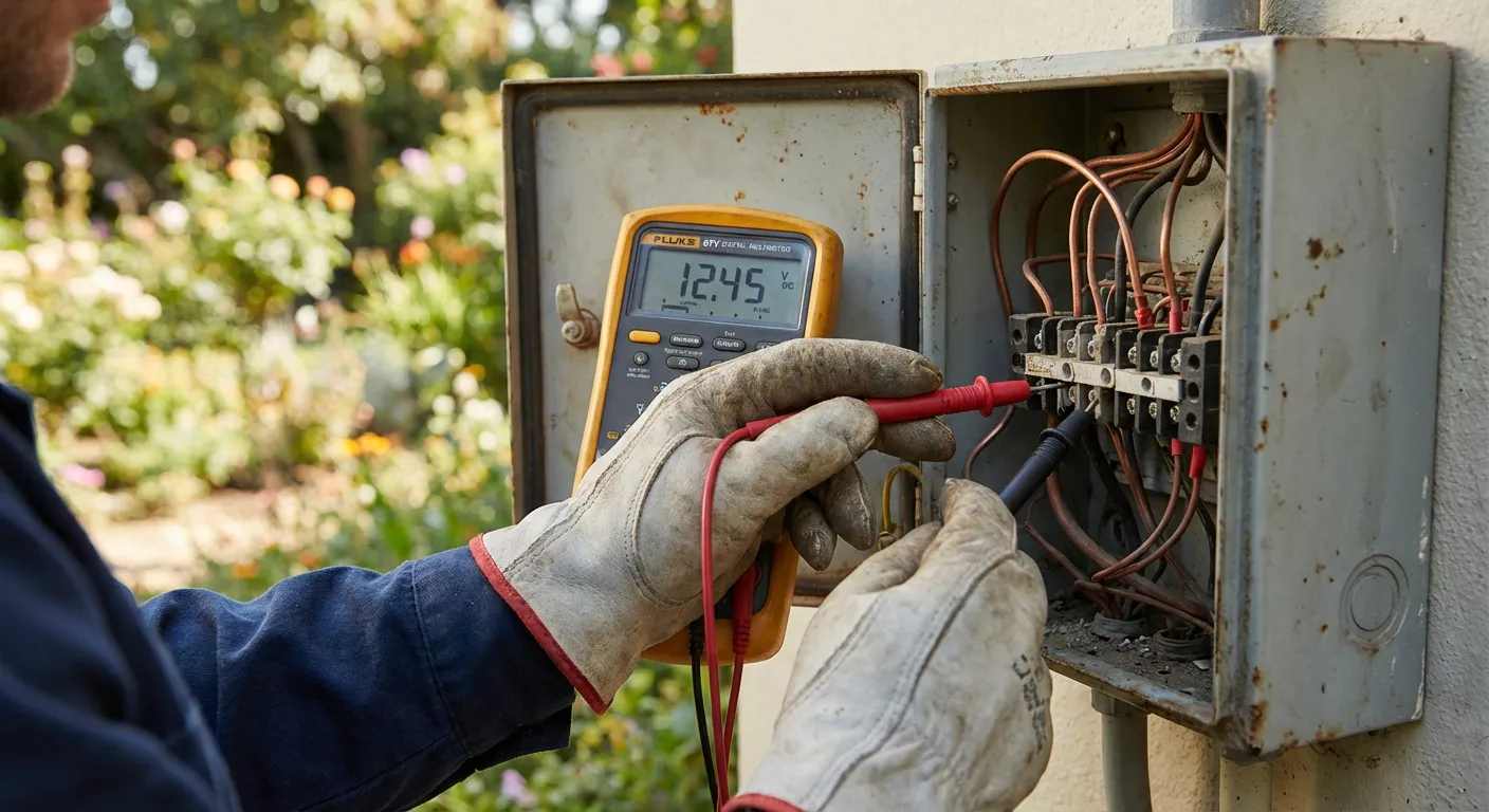 Vérification du câblage et des fusibles de la carte E024S Technicien professionnel testant le câblage d'une centrale de commande FAAC E024S.