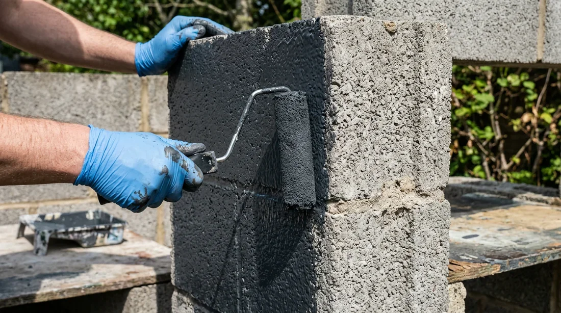 Application de peinture gris anthracite sur un parpaing en béton