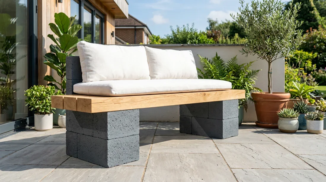 Banc en parpaing peint en gris anthracite avec poutres en bois clair et coussins blancs sur une terrasse ensoleillée