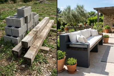 Comparatif avant après fabrication d'un banc en parpaing et bois