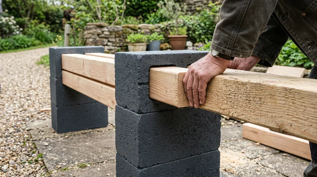 Insertion des poutres en bois dans les parpaings gris anthracite