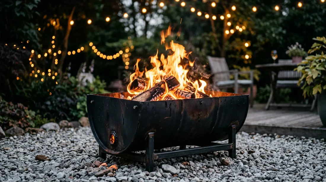 Brasero demi-tonneau métallique fait maison Brasero fait maison en demi-tonneau métallique noir mat avec du feu dans un jardin