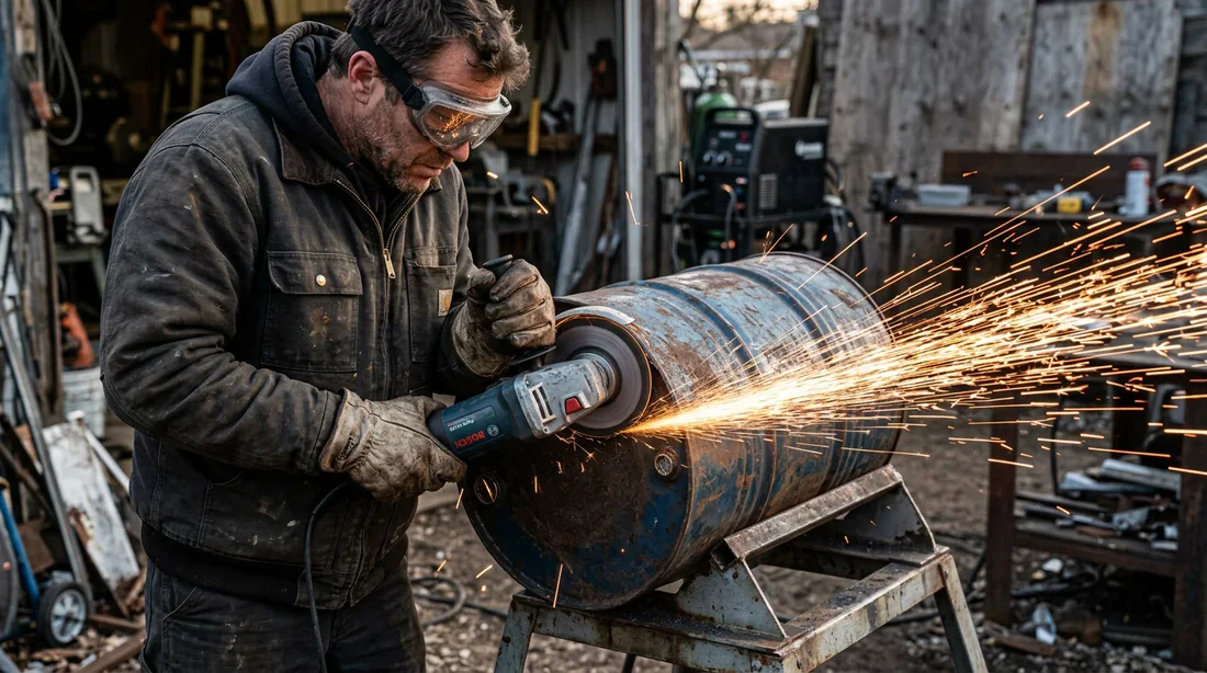 Découpe du tonneau métallique en deux Découpe d'un fût en métal à la meuleuse avec lunettes et gants de protection