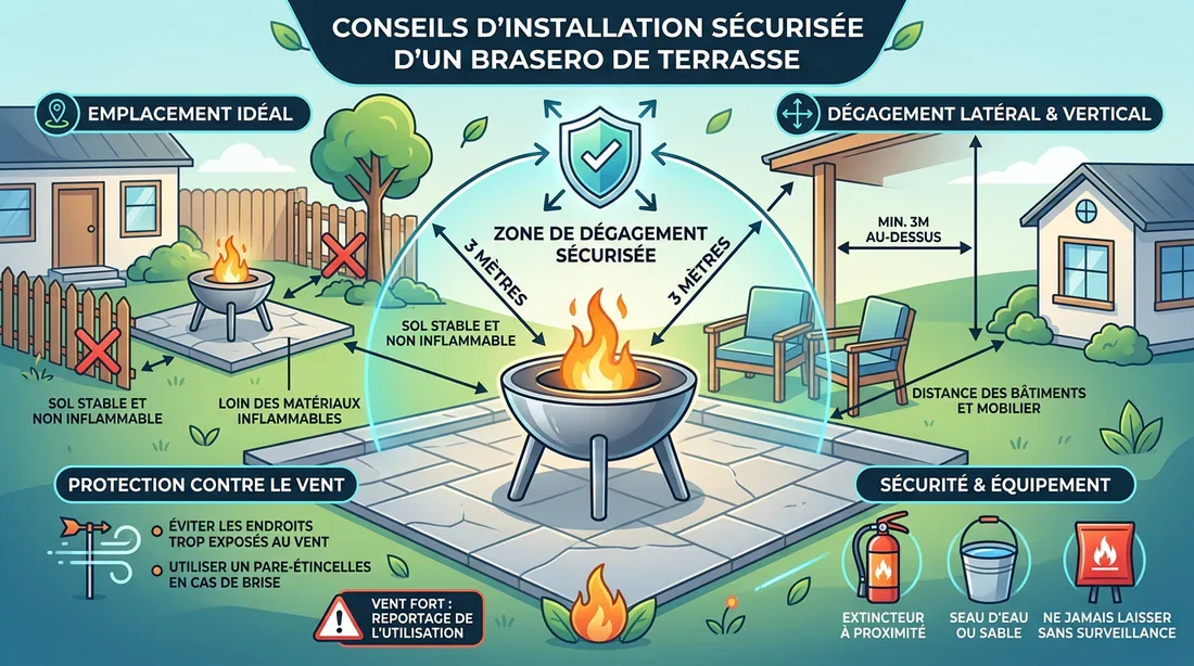 Infographie des consignes de sécurité pour brasero Schéma des distances de sécurité et règles d'installation pour brasero