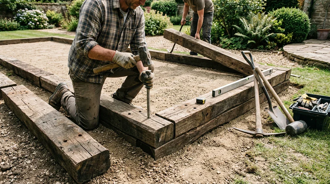 Pose du cadre en bois Installation des traverses en bois pour le cadre du terrain de pétanque