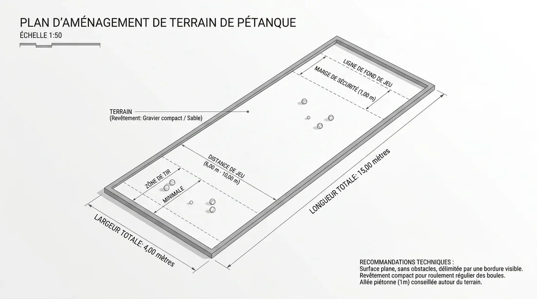 Schéma des dimensions d'un terrain de pétanque Plan technique avec dimensions pour la construction d'un terrain de pétanque