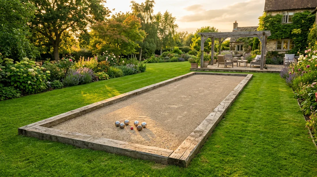 Terrain de pétanque en bois aménagé dans un jardin Terrain de pétanque en bois installé sur une pelouse verte avec boules