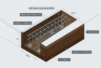 Infographie d'une tranchée de fondation avec armature en chaînage métallique