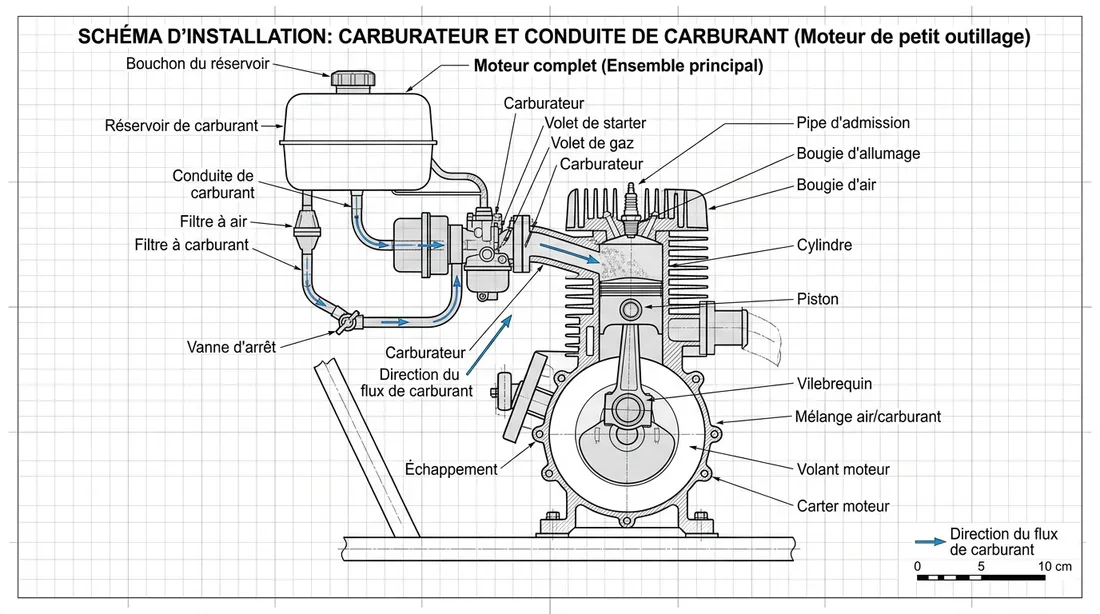 Schéma du moteur de tondeuse thermique Schéma technique des composants du moteur de la tondeuse