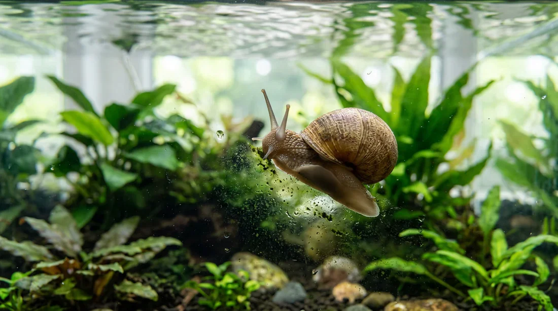 Escargot nettoyant l'aquarium Escargot mangeant des algues sur la vitre d'un aquarium